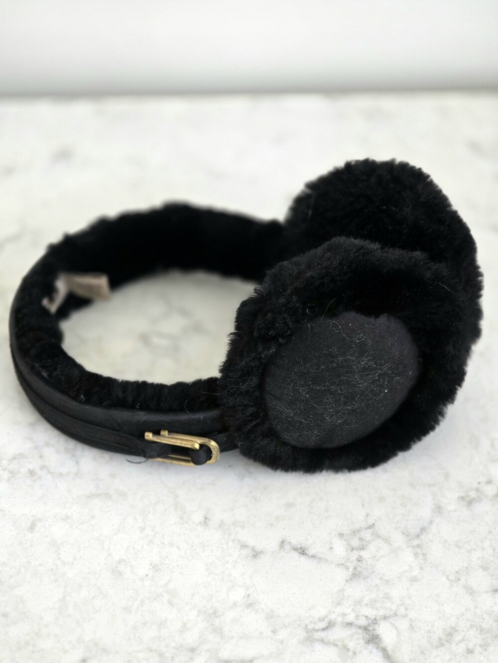 UGG  Black Shearling & Leather Earmuffs, OS